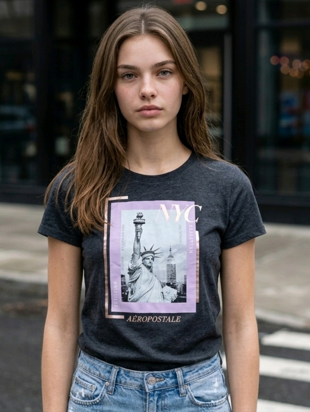 NWT Aeropostale Jr's Charcoal Heather Tee with Statue Of Liberty & NYC Boroughs